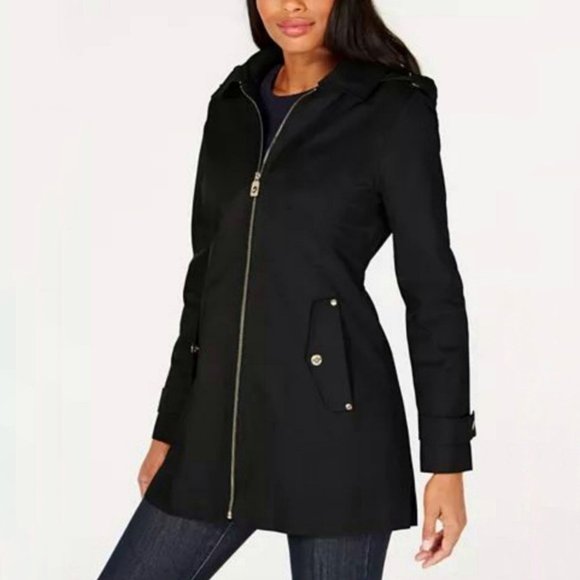 Michael Kors MK Woman's Hooded Black Raincoat Rain Coat Jacket Size Medium